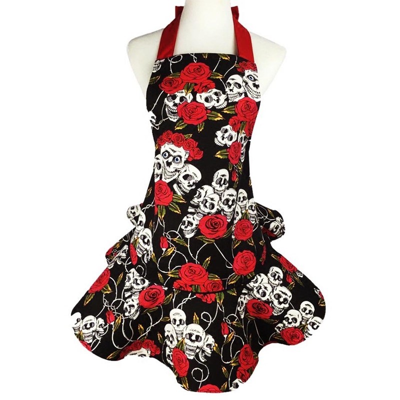 TLY Womens Cute Floral Skull Skirt Canvas Apron Halter Tie