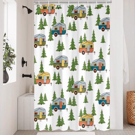 Xiaoput Camper Shower Curtain, RV Shower Curtain for Happy Camper, Travel Trailer Camping Small Shower Curtains, Waterproof Fabric Shower Curtain with Hooks, Camping Trailer Accessories 47X64IN