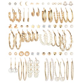 CASSIECA 36 Pairs Gold Pearl Earrings Set for Women Girls Fashion Chain Link Hoop Stud Drop Dangle Earrings Boho Statement Paperclip Hypoallergenic Earrings for Birthday Party Christmas Jewelry Gift