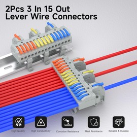 2Pcs Lever Wire Connectors, 3 in 15 Out, Push-in, Quick Wiring DIN Terminal Blocks, 0.75-2.5(4) mm², 600V 32A, 36Pcs Wire Ferrules Terminals & 6.89 Inch DIN Rail Included
