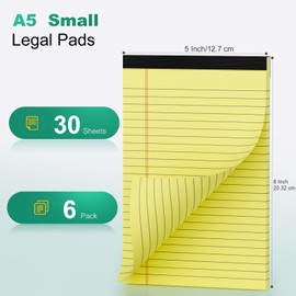 Note Pads A5 Small Legal Pads, 6 Pack Mini Notepad College Ruled, Double-Sided Printing Small Notepads Perforated Writing Pad A5 Lined Paper, Yellow Writing Paper for Office Home School, 30 Sheet/Pad
