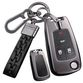 SANRILY Keyless Metal Leather 3/4/5 Button Flip Key Fob Cover Case for Chevy Camaro 2012-2018 Cruze Equinox Malibu Sonic for GMC Terrain 2013 for Buick Lacrosse Encore Regal with Weave Keychain Black