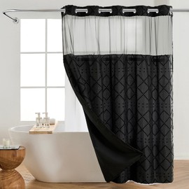 Nesphy No Hook Boho Shower Curtain and Snap in Liner Set, Black Chic Textured Tufted Chevron Geometric Cloth Double Layers Waterproof Washable Fabric Mesh Top Window Bath Curtain 71x74 Inch