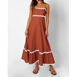 dowerme Women Summer Fashion Stripe Dresses Spaghetti Straps Sleeveless Backless Smocked Flowy Swing A-Line Dress 2025(Brick Red,Small)