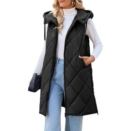 MEROKEETY Womens Hooded Long Padded Vest Coats Quilted Sleeveless Warm Outerwear with Pockets, Black, XL