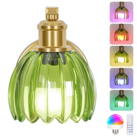Rechargeable Battery Operated Wall Sconce with Green Glass Lampshade, Wireless Wall Scone Decor with Remote Control, 15 Colors Gold Wall Light for Bedside Hallway Bedroom Doorway