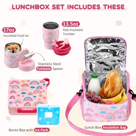 Pawtong Lunch Box Set with Bento Box Container, 17OZ Stainless Steel Food Soup Thermo, Kids Water Bottle & Portable Insulated Lunch Bag – Leakproof, Hot/Cold Retention for School, Travel(Pink-Rainbow)