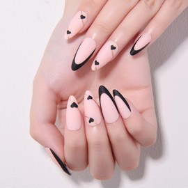 IATMOMOD Pink French Black Tip Press on Nails Short Almond, Fake Nails Press ons with Black Heart Glod Line Designs False Nail, Reusable Full Cover False Acrylic Nail with Glue for Women Gift 24Pcs 05