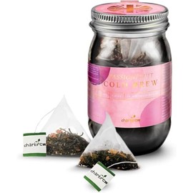 Charbrew Passionfruit Cold Brew Tea Teabags - 100% Compostable Tea Bags in Reusable Glass Mason Jar 40g/1.41oz - 16 Premium Fine Mesh Teabag Infusers Premium Tea from Sri Lanka (Passionfruit Tea)