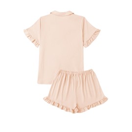 LYANER Women's Button Down V Neck Short Sleeve Ruffle Trim Top with Shorts Sleepwear Pajamas Set Beige Small