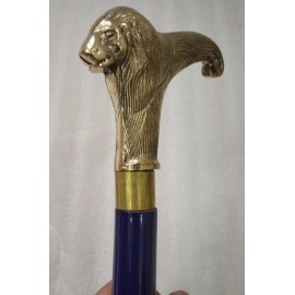 HEAD Nautical Style Solid Brass Antique Lion Head Handle Walking Stick Wooden Cane