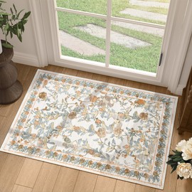 jinchan Floral Area Rug 2x3 Entryway Vintage Spring Washable Indoor Doormat Accent Rug Lightweight Soft Small Non-Slip Low Pile Distressed Orange Blue Carpet for Entrance Kitchen Bedroom Bathroom