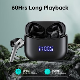 ZINGBIRD Wireless Earbuds 60hrs Bluetooth Headphones Stereo Bass Ear Buds with Mic LED Display Lightweight Fit Bluetooth 5.4 in-Ear Earbud IPX7 Waterproof Sport Earphones for Phone Laptop TV Pad Black