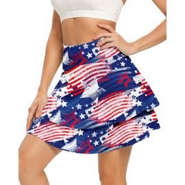 WOWENY Women's Athletic Pleated Tennis Skirt Ladies Active Layered Skort with Pocket Running Golf Skirt with Ruffle for Workout Sports Pickleball(2-Layer USA Flag02,L)