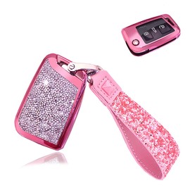 SANRILY 1Pcs 3/4 Button Bling Rhinestone Key Fob Cover for Volkswagen Tiguan Polo e-Golf Golf R Touran Skoda Scala Octavia 2019 Keyless Entry Remote Key Rings Case Full Protection Key Shell Pink