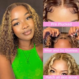 Ablvari Glueless Bob Wigs Human Hair 5x5 Water Wave Closure Bob Wig Human Hair 4/27 Ombre Highlight Wear and Go Glueless Wig Pre Plucked Pre Cut Wig Human Hair Natural Hairline 180% Density （14inch）