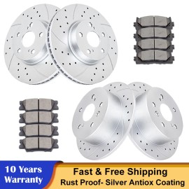 Autopartspconline Fit 2007-2011 Toyota Camry Front Rear Drilled Brake Rotors Disc Pads Brakes Kit