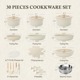 UCCLIFE 30-Piece Nonstick Ceramic Cookware Set – Induction Compatible, Oven Safe, Scratch-Resistant, PFOA & PFOS Free, Includes Complete Kitchen Utensils & Glass Lids