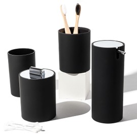 Sleek Matte Black Bathroom Accessory Set 4 Pcs Complete Bathroom Set Modern Bathroom Decor Bathroom Organizer Accesorios para baños Toothbrush Holder Soap Dispenser Set Home Decor Clearance