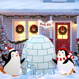 5 Pcs Lighted Christmas Igloo Penguins Decorations 39.37" Pre Lit 2D Tinsel North Pole Ice House, with 2 Penguins Stand, Colorful and White Lights for Indoor Outdoor Xmas Party Winter Garden Yard Lawn