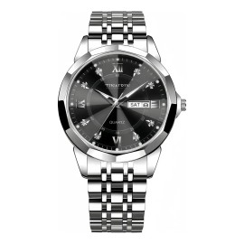 Reloj de Cuarzo TINAIBIN TB6020 de Acero Impermeable para Hombre，Correa Color Plateado Bisel Plateado Fondo Negro