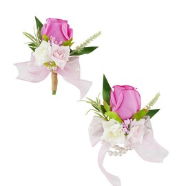 Floinla Hot Pink Corsage and Boutonniere Set for Wedding Prom, Artificial Rose Flower Wrist Corsage, Homecoming Corsage Wristlet, Boutonniere for Men Wedding Suit Decor