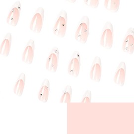 JUSTOTRY 24 Pcs Almond Shape Glossy Press on Nails Short, Medium Length White with Pearl Rhinestone French Designs Fake False Nails with Glue, Nail Art for Women and Girl Stick on Nails