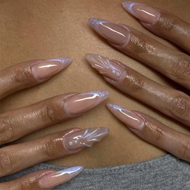 IQXGE French Tip Press on Nails Almond Medium Dark Nude Full Cover False Fake Nails Press ons Pearls Stick Glue on Nail Shiny Purple French Acrylic Fake Nail with 3D Gel 24Pcs Reusable for Women