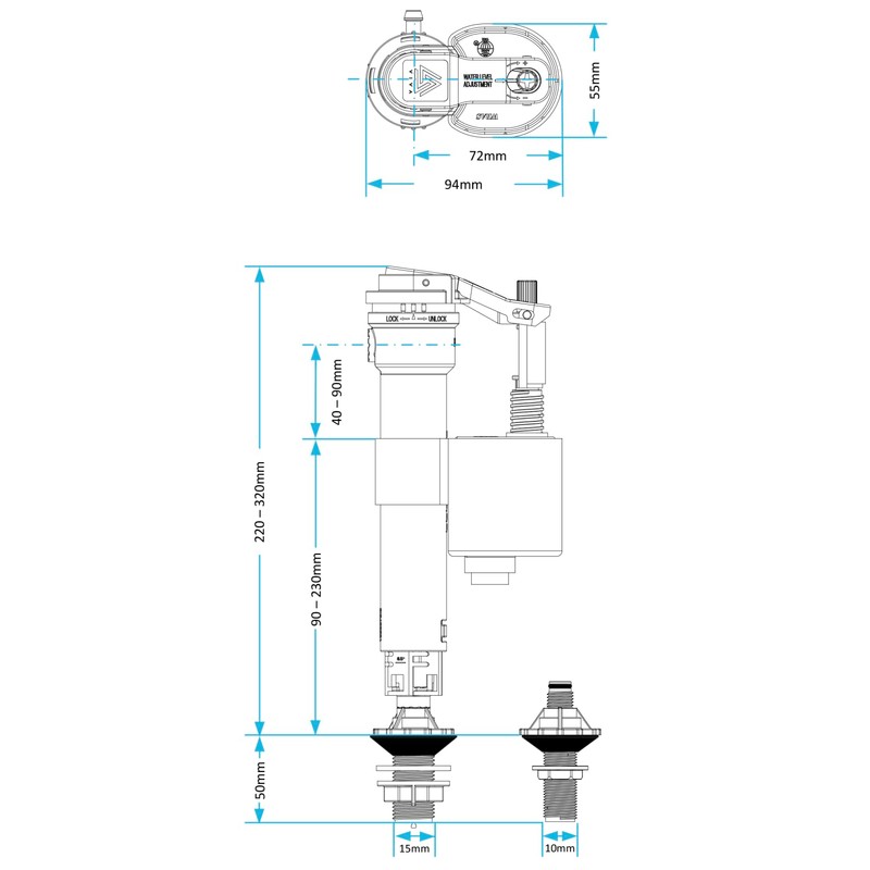 Adjustable Toilet Fill Valve with Universal Threads 3/8" and 1/2",
