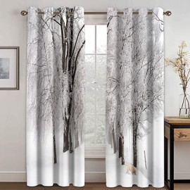 ANAZOZ Curtains Eyelet,2 x 34W x 54H IN,Blackout Curtains Window 2Pack Snowy Woods and Path Landscape Curtain Room Gray White