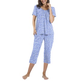 POPYOUNG Women's Summer Two Piece Pajama Sets, Pleated Short Sleeves with comfy Capri Pants, Lounge Sleepwear Ladies Pjs Sets with Pockets M,White Spots-Purple