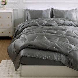 A Nice Night 5PCS Satin Silky Soft Quilt Luxury Super Soft Microfiber Bedding Thin Comforter Set Queen,Silver