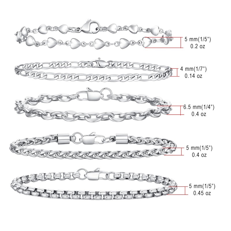 5 Pcs Chain Bracelets for Men Women - Sturdy Stainless