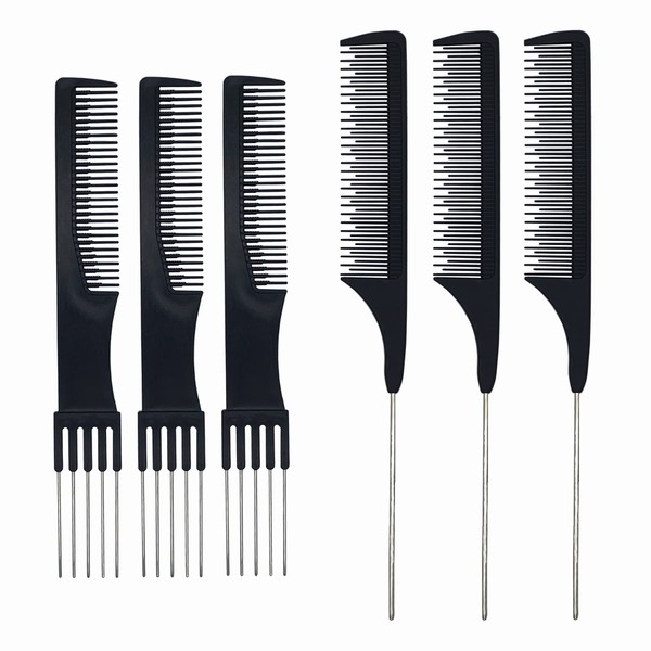 6 Pcs Hair Combs Including 3 Pieces Rat Tail Combs 3 Pieces Lift Teasing Combs with Metal Prong, Salon Teasing Back Combs for Women Hair Styling