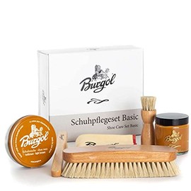 Burgol Basic Shoe Care Set with Shoe Pomade, Shoe Wax, Horsehair Brushes and Polishing Cloth: Colour: Light Brown