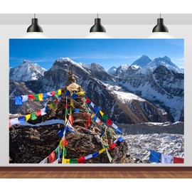 CORFOTO 7x5ft Mount Everest Snow Mountain Background Buddhist Prayer Flags Photo Backdrop Traditional Tibetian Prayer Flags Himalaya Mountains Photography Background Winter Portrait Props