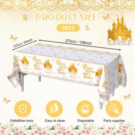 AIBIIN 3pcs Once Upon a Time Party Tablecloth for Girls, Pink Floral Gold Castle Princess Fairytale First Birthday Table Cover Birthday Party Decorations Supplies 54X108inch