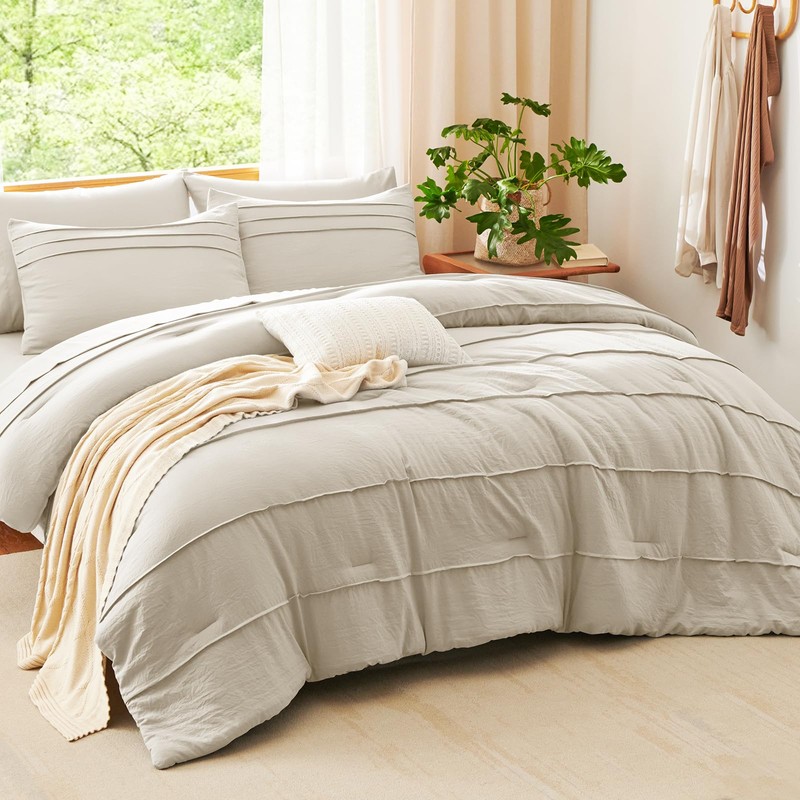 CozyLux King Size Comforter Set Beige, 7 Pieces Soft Prewashed