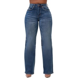 Women's Straight Leg Jeans Casual High Waisted Wide Leg Jeans Loose Stretchy Trendy Denim Pants(54Blue,X-Large)