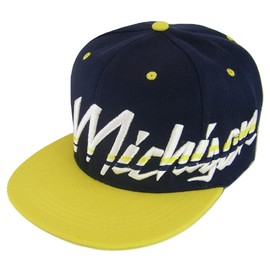 RR Headwear Michigan Offset Jagged Script Adult Size Adjustable Snapback Baseball Cap (Navy/Gold)