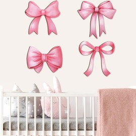Hoteam 4 Pieces Wooden Pink Bow Wall Decor Coquette Pink Bow Wall Hanging Art Aesthetic Trendy Preppy Bow Wall Decor for Nursery Children Teen Girls Playroom Bedroom Decoration