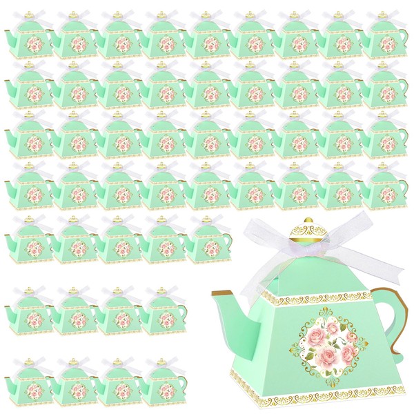 Fuutreo 50 Pcs Vintage Floral Teapot Box Flower Tea Party Gift boxes Teapot Candy Box tea Time party decorations for Tea Garden Wedding Bridal Birthday Baby Shower (Green)