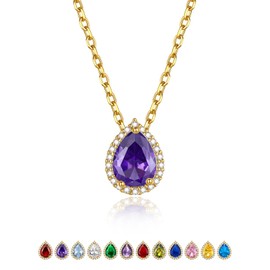 Tiny Teardrop Necklace with Birthstone, Gold Plated February Birthstone Neck Chain Stainless Steel, AAA+ Cubic Zirconia Pendant Necklaces for Mom Daughter