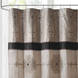 Madison Park Donovan Shower Curtain, Embroidered Jacquard Weave, Color Block Pieced Design, Traditional Bathroom D cor, Machine Washable, Fabric Privacy Screen 72x72 Black