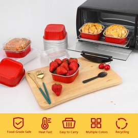 LNYZQUS - Juego de 40 moldes cuadrados para hornear brownie con tapas, desechables, mini moldes para tartas, 4 x 4 pulgadas, aluminio jumbo para magdalenas, magdalenas, postres para catering, color rojo