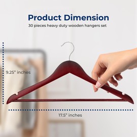SereneLife 30 Pieces Wood Hangers - Space Saving Heavy Duty Slim Suit Clothes Hanger Set with 360 Degree Swivel Metal Hook, Can Hold Up to 10 Lbs. for Coats, Jackets, Pants & Dress (Cherry)