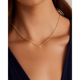 Gold Bow Necklace for Women Trendy, Dainty 14K Gold Plated Satellite Chain Pendant Charm Choker Necklace for Women(Gold)