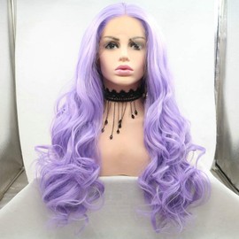 3x13" Long Wave 24" Pastel Lilac Purple Wig Ladies Party Cosplay Travel Light Purple Synthetic Lace Front Wigs for Women Daily Use Drag Queen Body Wave Purple Wigs Natural Hairline