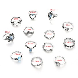 LEEQBCR 13 Piece Crystal Boho Ring Silver Rings Set Finger Rings Fashion Crown Ankle Ring for Women and Girls, Metal