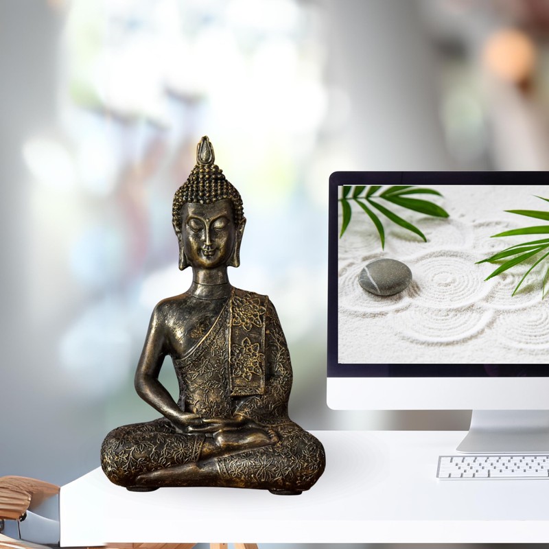 Zen Light Thai Buddha Figurine, Resin, Bronze, 10 x 23
